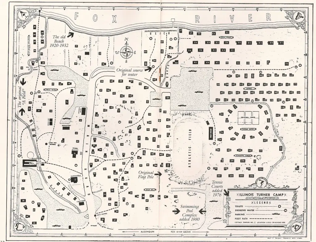 Hand-drawn 1965 map of Turner Camp showing cottages, fields and the river