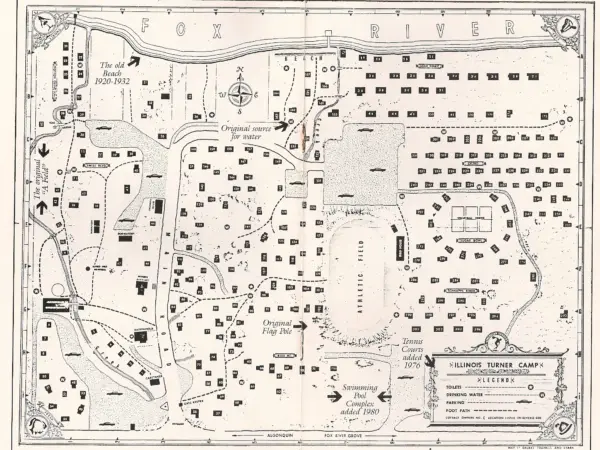 Hand-drawn 1965 map of Turner Camp showing cottages, fields and the river