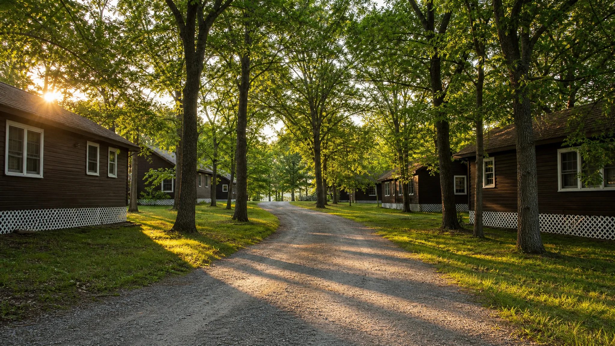 A quiet gravel lane winds beneath mature oaks at Illinois Turners Camp in the soft golden light of early morning