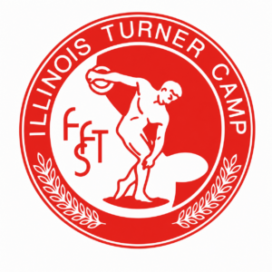 Illinois Turners Camp circular red and white logo with an overhead weightlifter