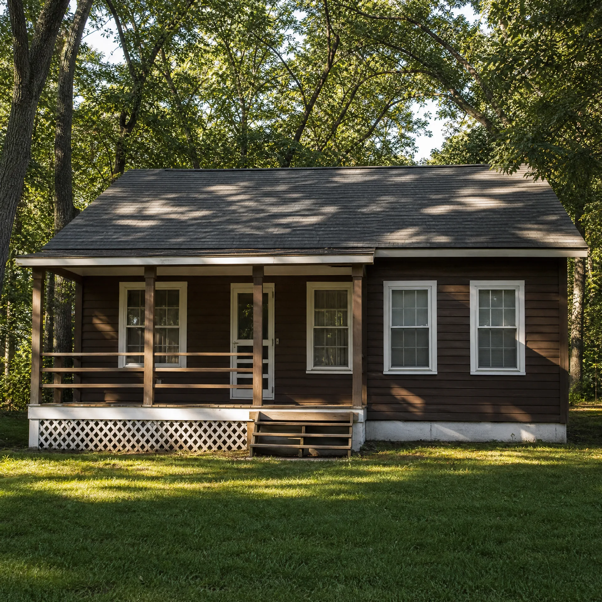 A brown clapboard cottage with a covered porch, white window trim and white lattice skirting, standing under oaks at Illinois Turners Camp