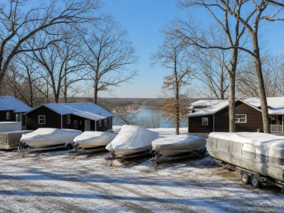 Boats under white winter covers on their trailers among bare oaks, with brown-sided cottages behind and the Fox River below the bluff, at Illinois Turner Camp in winter
