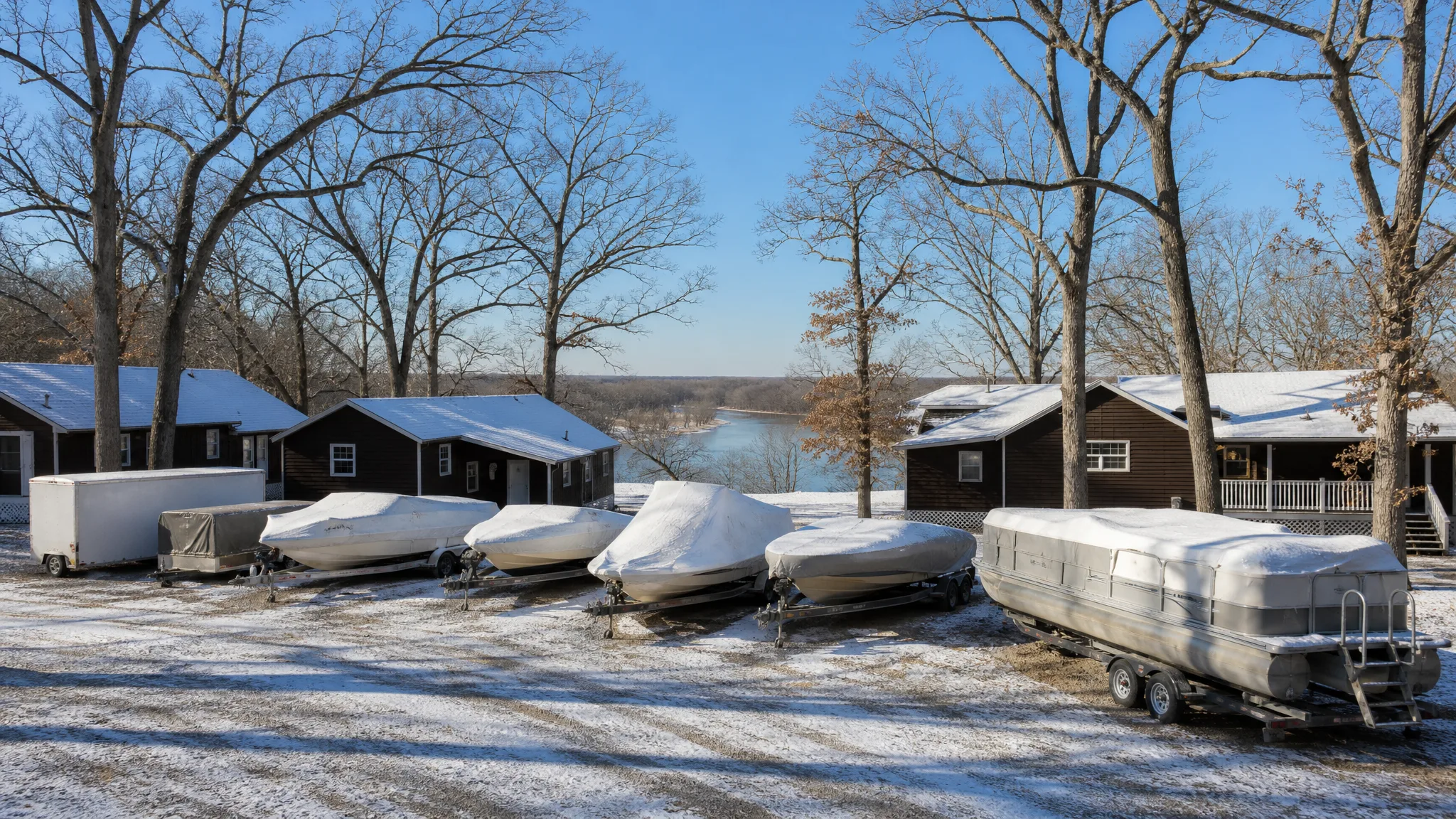 Boats under white winter covers on their trailers among bare oaks, with brown-sided cottages behind and the Fox River below the bluff, at Illinois Turner Camp in winter