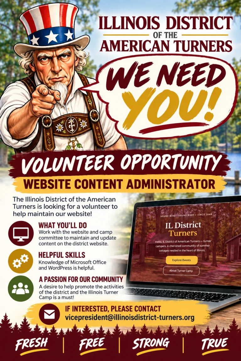 Flyer: We need you! Volunteer opportunity, Website Content Administrator for the Illinois District of the American Turners.
