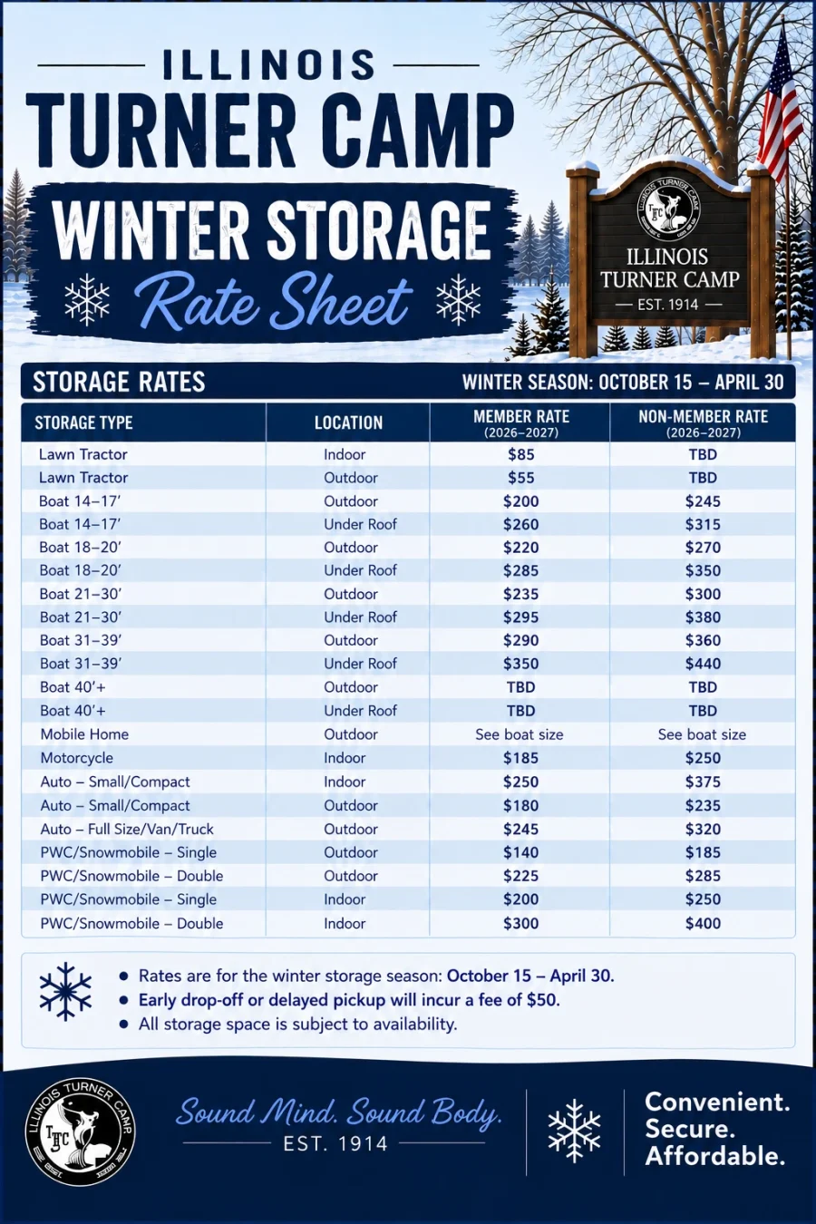 Flyer: Illinois Turner Camp winter storage rate sheet for the 2026–2027 season, listing member and non-member rates by storage type and location. The same rates are in the table on this page.